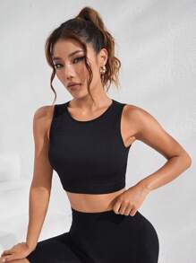 Easithlete 字母图案露背运动背心健身上衣修身衬衫 - 黑色 - 查看 5