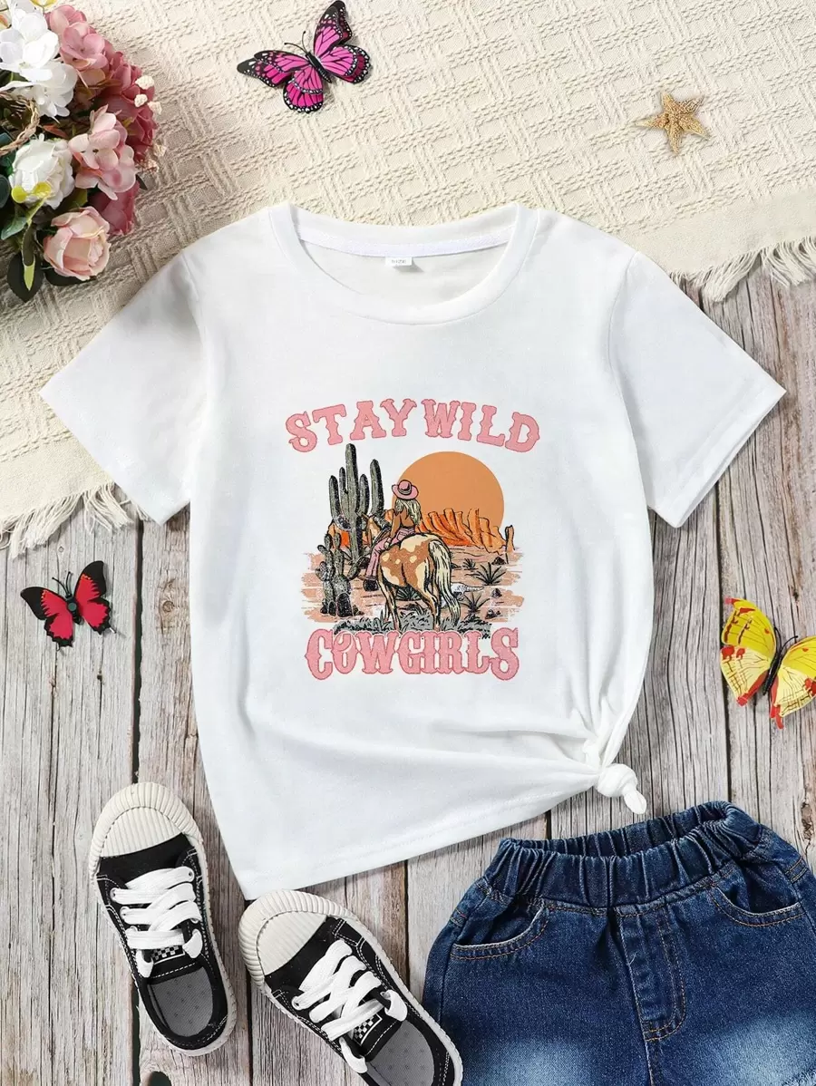 SHEIN Tween Girl Cactus & Letter Graphic Tee - White - View 1