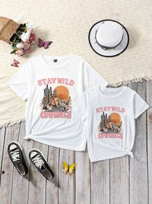 SHEIN Tween Girl Cactus & Letter Graphic Tee - White - View 5