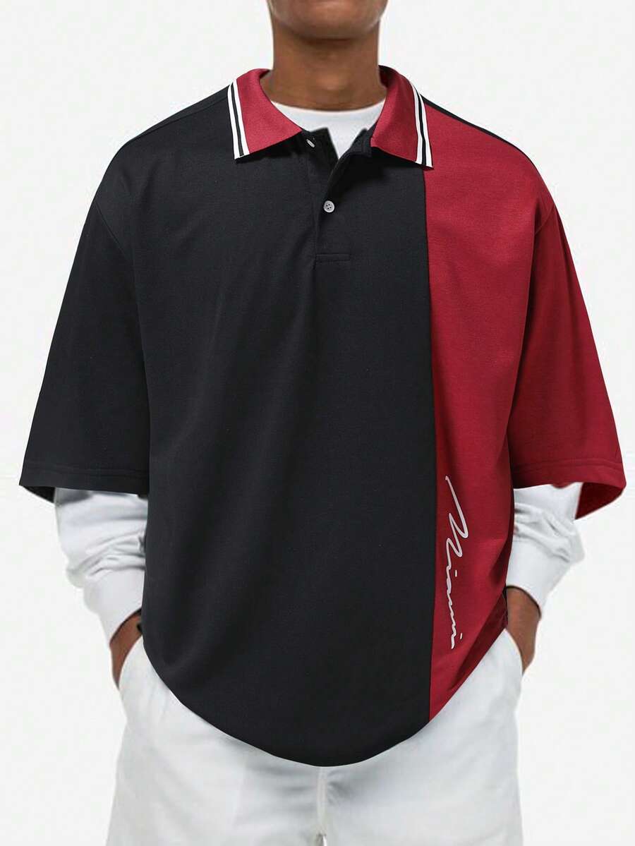 Manfinity Hypemode Men Letter Graphic Colourblock Striped Trim Polo Shirt - Multicolor - View 1