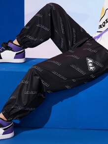 Boys Letter Graphic Drawstring Waist Trousers - Black - View 1