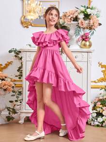 SHEIN Girls Ruffle Trim High Low Hem Dress - Pink - View 3
