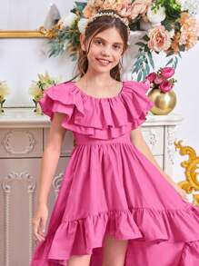 SHEIN Girls Ruffle Trim High Low Hem Dress - Pink - View 4