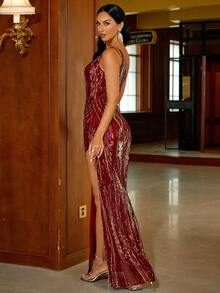 Missord One Shoulder Split Thigh Sequin Formal Dress - Maroon - View 2
