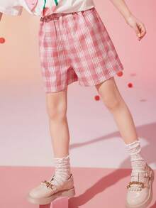 女大童格紋印花彈性腰帶短褲
