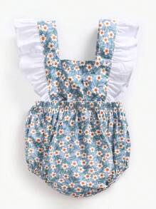 可爱女婴碎花拼接三角连体衣，夏季度假和海滩穿着的完美之选 - 藍色 - 查看 2