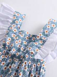 可爱女婴碎花拼接三角连体衣，夏季度假和海滩穿着的完美之选 - 藍色 - 查看 4