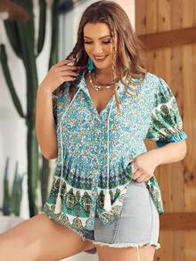 S BETRO 大碼印花繫帶領泡泡袖襯衫 - 藍色 - 查看 5