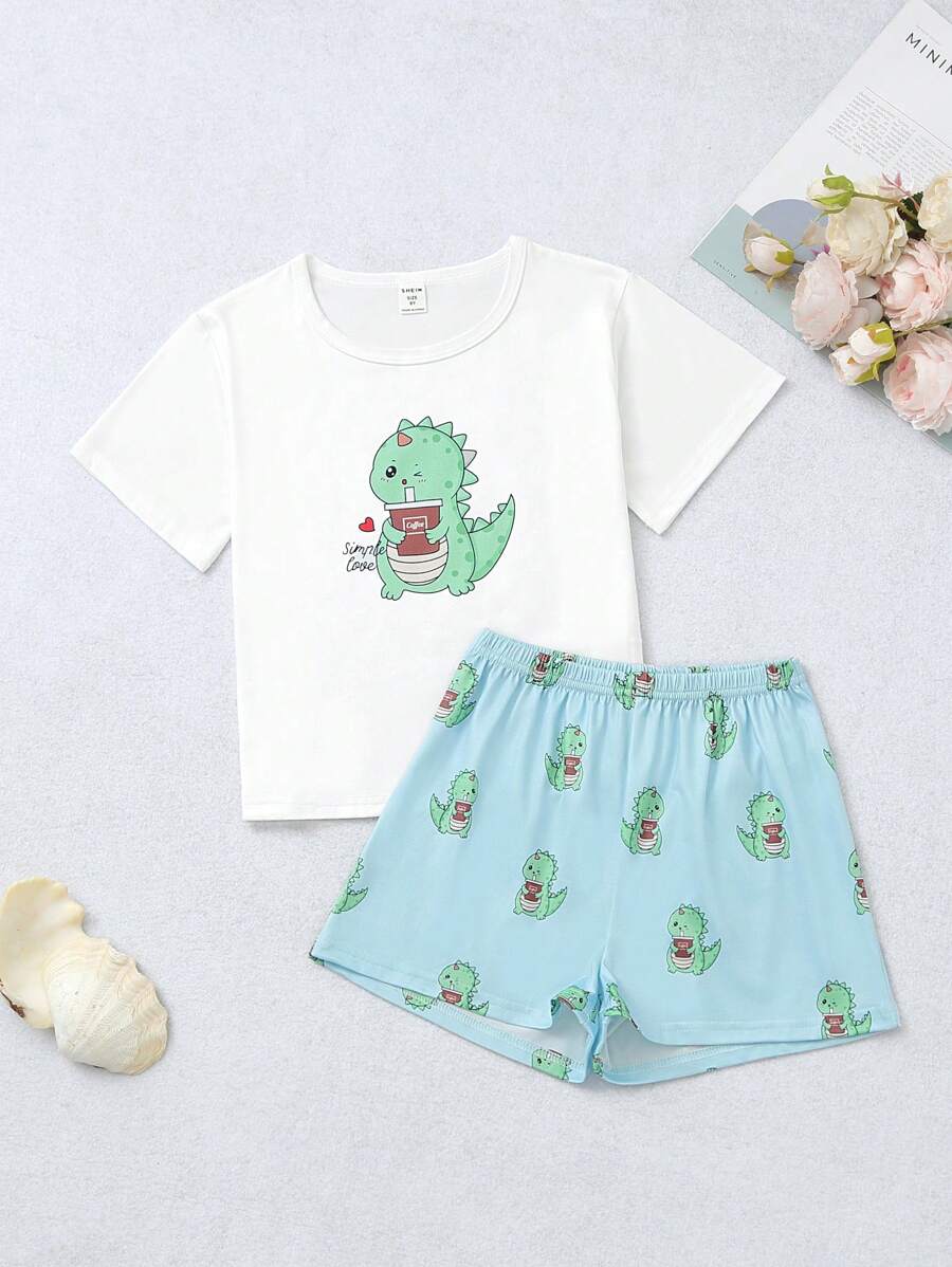 Girls Cartoon Graphic Tee & Shorts PJ Set - Blue and White - View 1