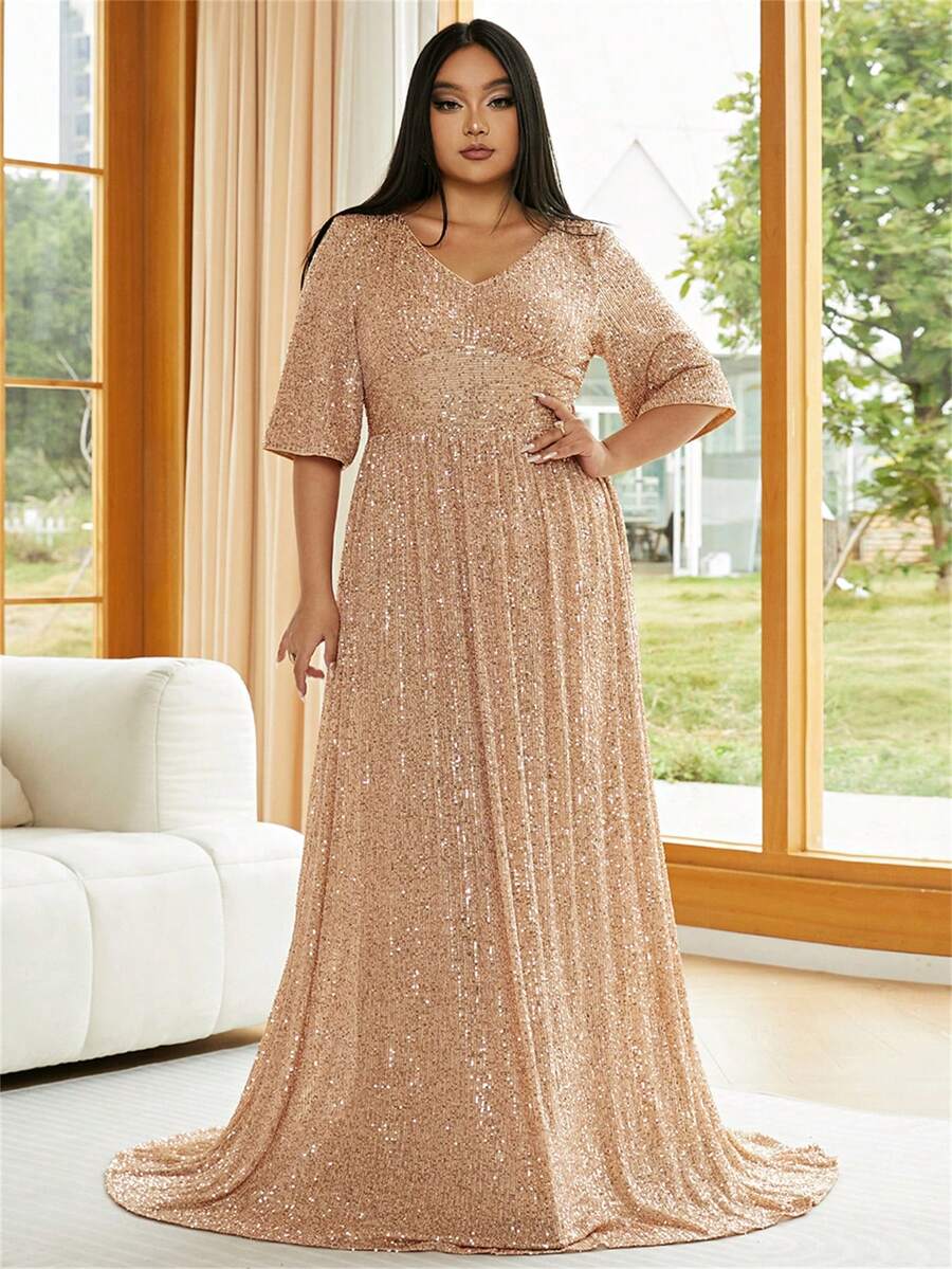Plus V Neck Sequin Formal Dress - Apricot - View 1