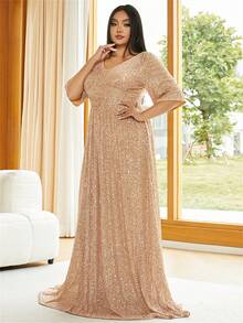 Plus V Neck Sequin Formal Dress - Apricot - View 4