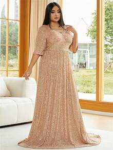 Plus V Neck Sequin Formal Dress - Apricot - View 5