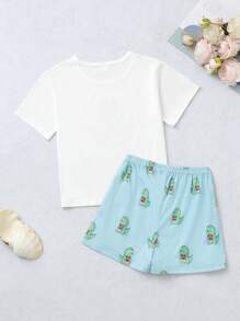 Girls Cartoon Graphic Tee & Shorts PJ Set - Blue and White - View 2
