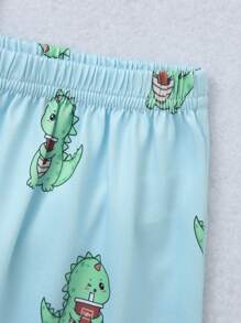 Girls Cartoon Graphic Tee & Shorts PJ Set - Blue and White - View 4