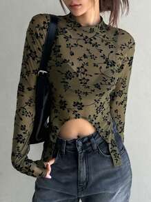 DAZY Áo nữ Bất đối xứng Xù nhỏ cắt Hoa Tất cả trên in Gợi cảm - Màu xanh Ô liu - Xem 1