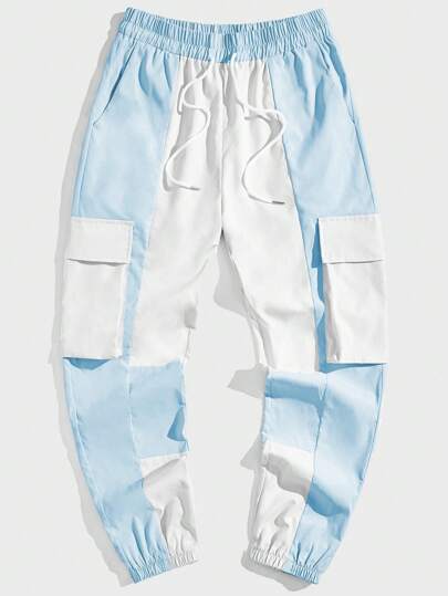 Street Life Pantalones cargo de hombre de cintura con cordón y bolsillos con solapa de dos tonos, escolar