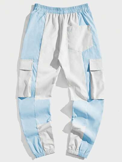 Street Life Pantalon cargo à cordon de serrage à la taille et poches à rabat bicolore pour homme, école