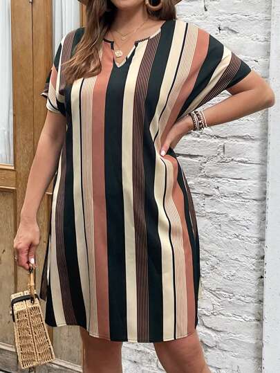 SHEIN LUNE Vestido de manga de murciélago con escote en muesca a rayas, para verano