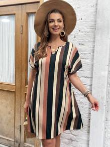 SHEIN LUNE Plus Striped Notched Neckline Batwing Sleeve Dress, Summer - Multicolor - View 3