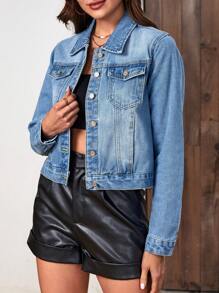 SHEIN Essnce 漂白水洗翻蓋口袋牛仔夾克 - 淺色水洗藍 - 查看 5
