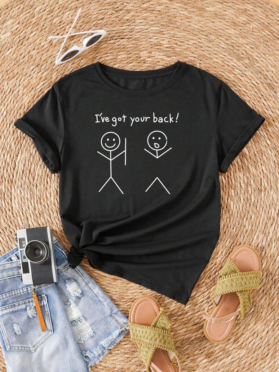 INAWLY 卡通和口号图案 T 恤 I've Go Your Back 图案 T 恤 女士上衣 - 黑色 - 查看 1