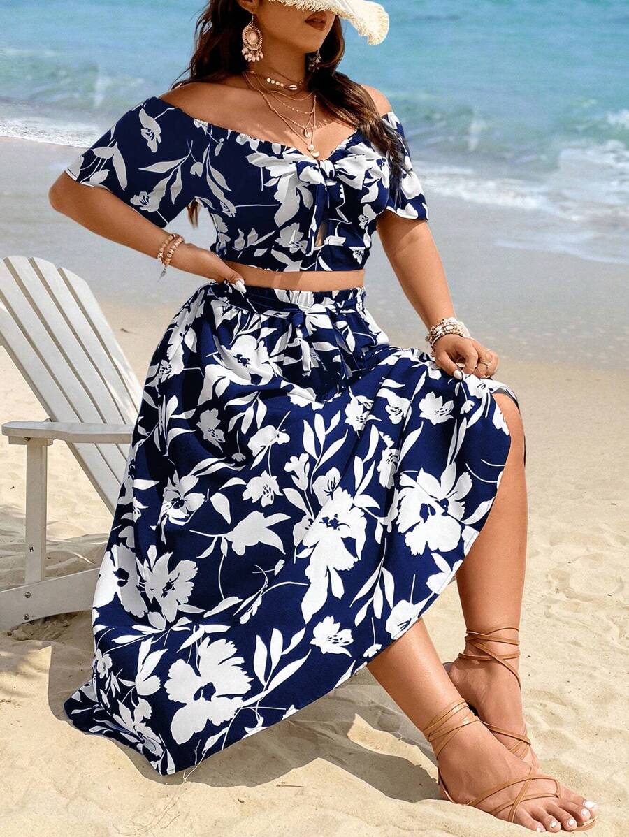 SHEIN Holidaya 大碼印花一字肩短款上衣和半身裙 - 藏蓝色 - 查看 1