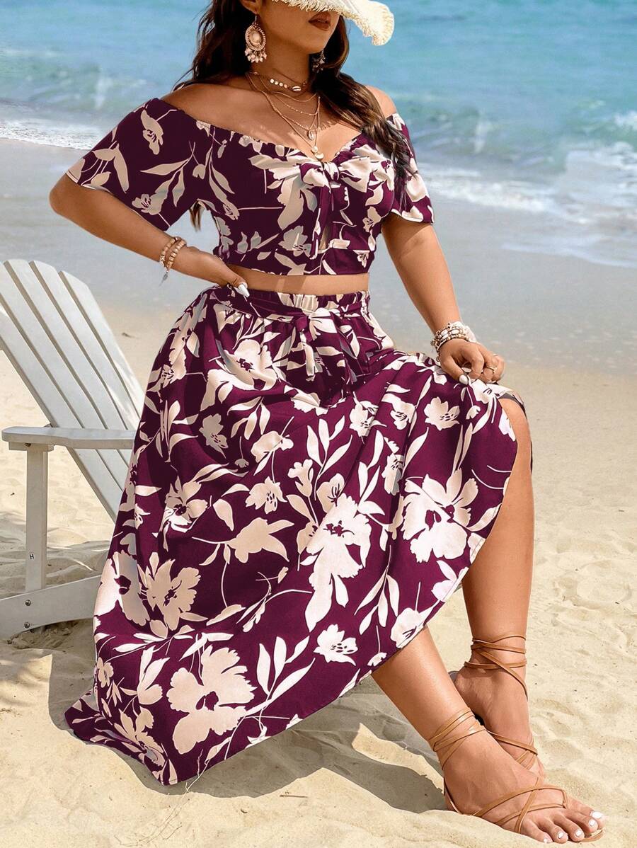 SHEIN Holidaya Bộ thời trang Plus Size xoắn lại Dải chun Thắt nơ trước Hoa Tất cả trên in Boho - Màu Đỏ Sâu - Xem 1