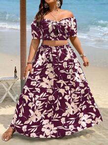 SHEIN Holidaya Bộ thời trang Plus Size xoắn lại Dải chun Thắt nơ trước Hoa Tất cả trên in Boho - Màu Đỏ Sâu - Xem 6