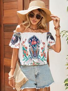 SHEIN VCAY Floral Print Off Shoulder Frill Trim Blouse - White - View 1