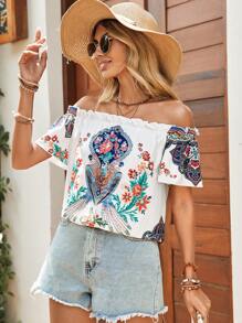 SHEIN VCAY Floral Print Off Shoulder Frill Trim Blouse - White - View 4