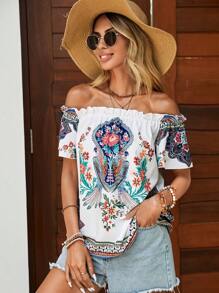 SHEIN VCAY Floral Print Off Shoulder Frill Trim Blouse - White - View 8