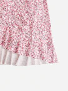SHEIN VCAY 碎花荷葉邊側繫帶裹身裙 - 粉色 - 查看 5