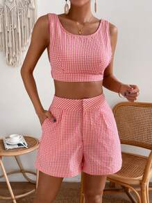Soleia 方格印花短款上衣和短褲 - 粉色 - 查看 6