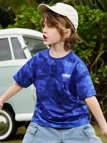 Boys Camo & Letter Graphic Drop Shoulder Tee - Navy Blue - View 1