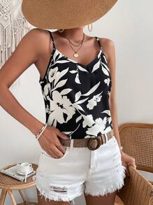 SHEIN Clasi Floral Print Cami Top - Black and White - View 5