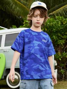 Boys Camo & Letter Graphic Drop Shoulder Tee - Navy Blue - View 3