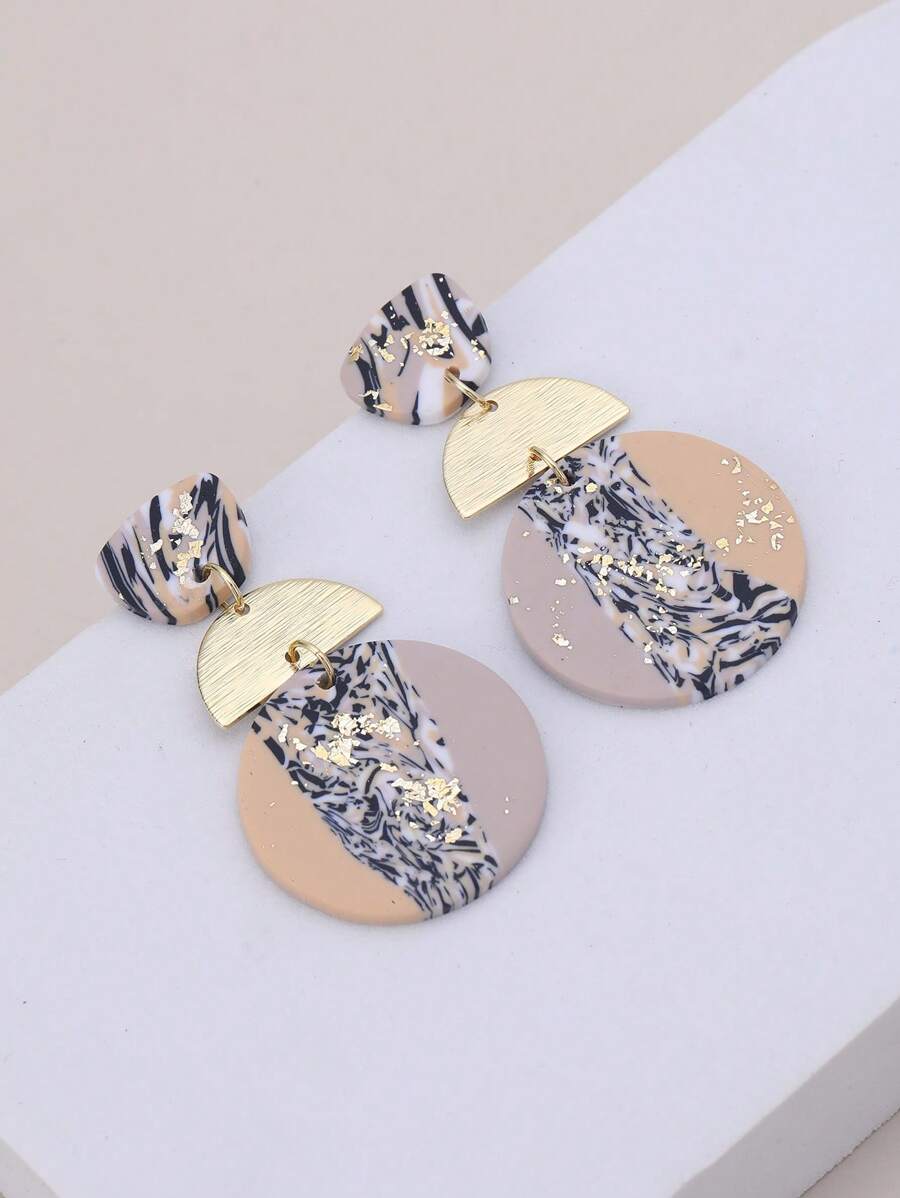 1pair Geometric Patchwork Soft Ceramic Material Camel & Foil Decor Drop Earrings, Suitable For Parties, Travel, Vacation And As Gifts - Camel - View 1