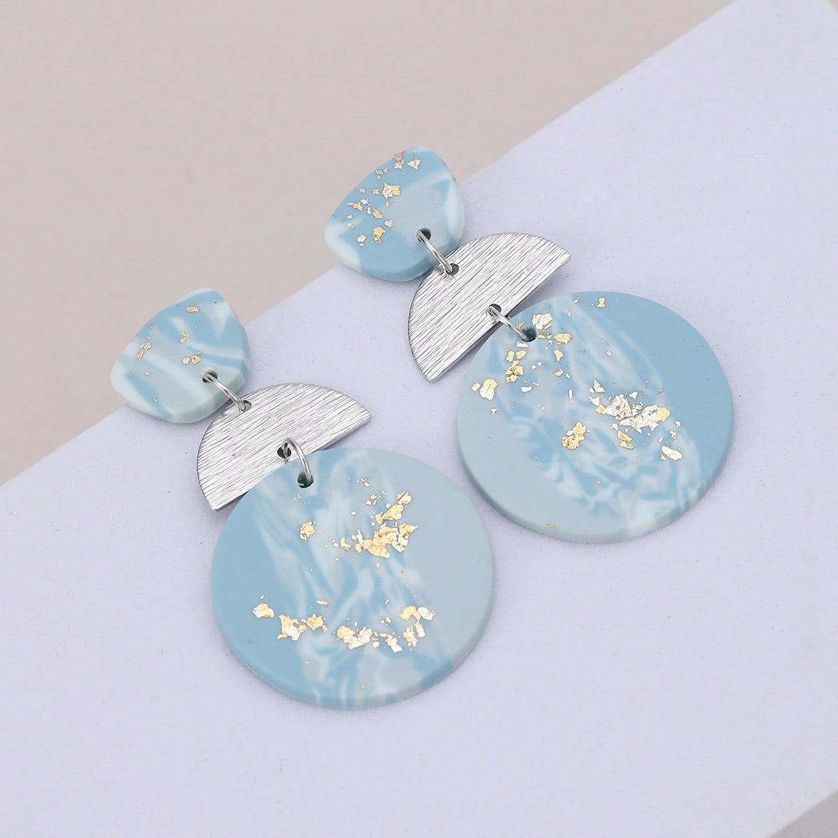 1pair Soft Pottery Material Grey Marbled With Foil Geometric Drop Earrings For Party, Travel, Vacation, And Gift Giving