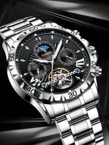 1pc Men Silver Stainless Steel Strap Business Date Chronograph Round Dial Mechanical Watch, For Daily Life - Black - View 2