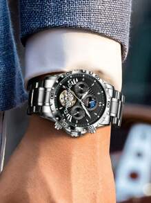 1pc Men Silver Stainless Steel Strap Business Date Chronograph Round Dial Mechanical Watch, For Daily Life - Black - View 5