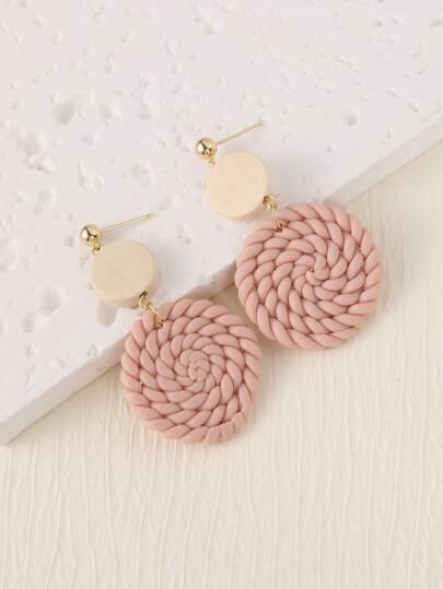 1pair Simple Woven Light Pink Soft Pottery & Wood Drop Earrings For Women, Suitable For Vacation, Party, Gift Giving