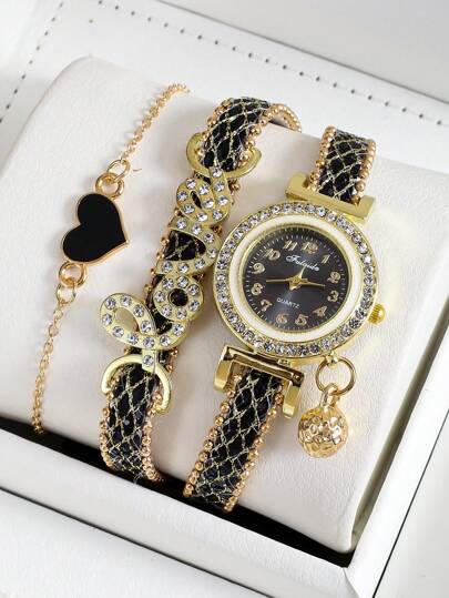 1入女士黑色鋅合金帶華麗的鑽石字母裝飾圓錶盤石英手錶& 1入手鐲，適用於派對假期