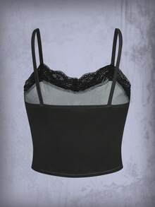 ROMWE Goth Floral Print Contrast Lace Cami Top - Black - View 2