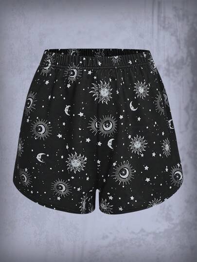 Goth Sun & Moon Print Shorts