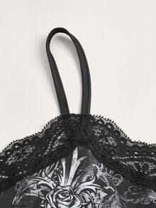 ROMWE Goth Floral Print Contrast Lace Cami Top - Black - View 3