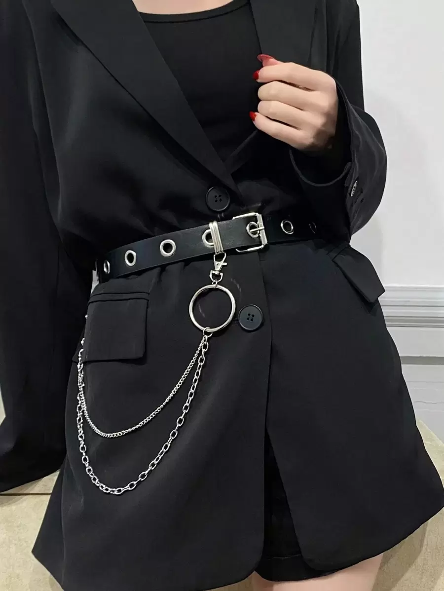 1 条皮带，1 条链子，女士朋克风格腰带，配金属腰链 - 黑色 - 查看 1