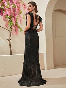 YISIKADO Ruffle Trim Sequin Maxi Dress - Black - View 2