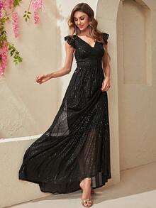 YISIKADO Ruffle Trim Sequin Maxi Dress - Black - View 3
