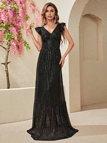 YISIKADO Ruffle Trim Sequin Maxi Dress - Black - View 5