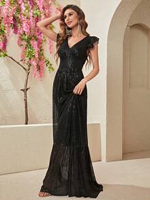 YISIKADO Ruffle Trim Sequin Maxi Dress - Black - View 6